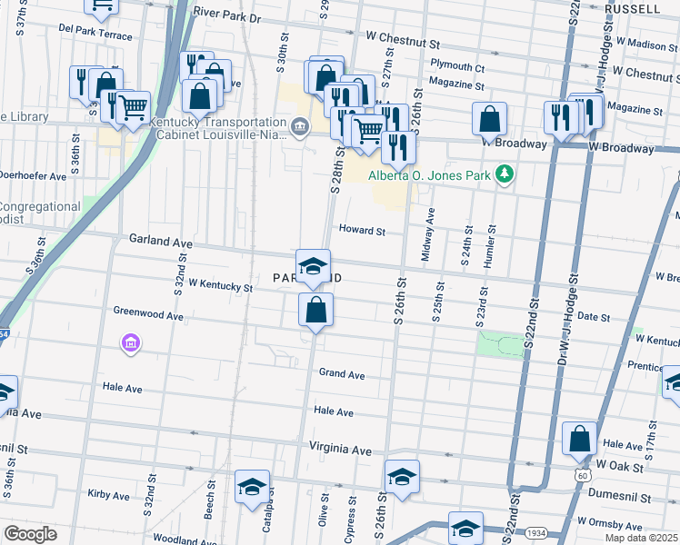 map of restaurants, bars, coffee shops, grocery stores, and more near 2725 West Kentucky Street in Louisville