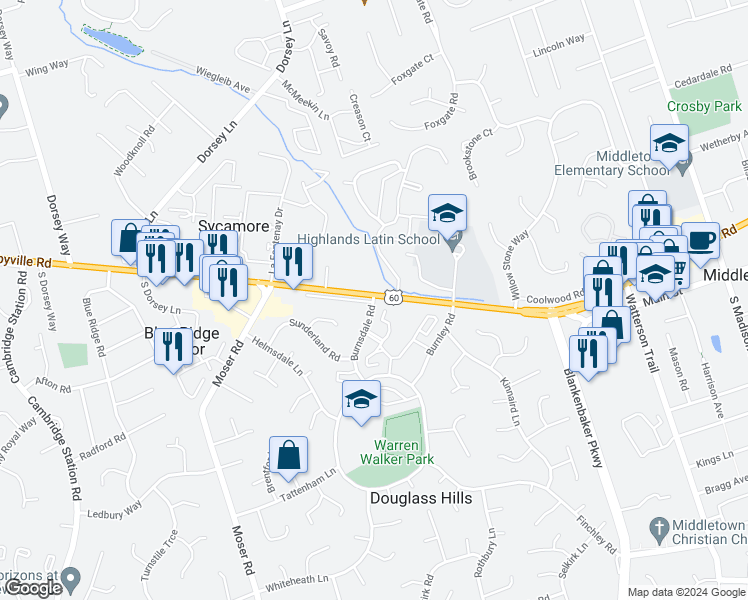 map of restaurants, bars, coffee shops, grocery stores, and more near 113 Burnsdale Road in Douglass Hills