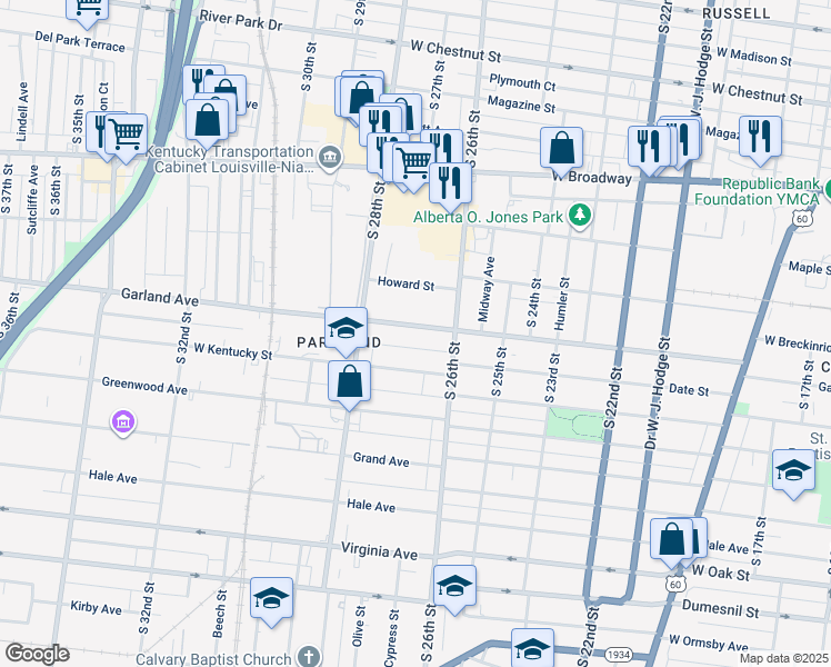 map of restaurants, bars, coffee shops, grocery stores, and more near 2634 Garland Avenue in Louisville