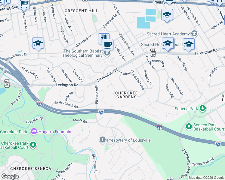 map of restaurants, bars, coffee shops, grocery stores, and more near 515 Altagate Road in Louisville