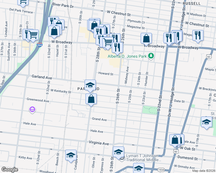 map of restaurants, bars, coffee shops, grocery stores, and more near 2637 West Kentucky Street in Louisville
