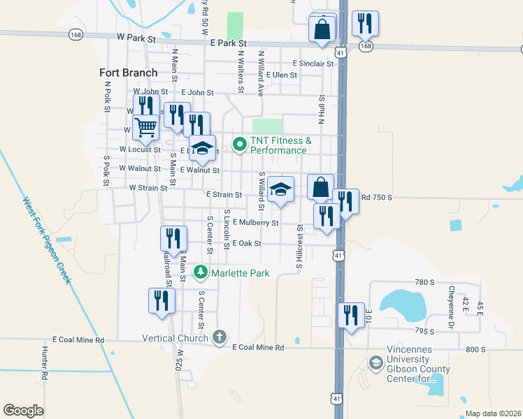 map of restaurants, bars, coffee shops, grocery stores, and more near 399 South Willard Avenue in Fort Branch
