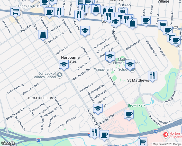 map of restaurants, bars, coffee shops, grocery stores, and more near 4018 Gloucester Road in Louisville