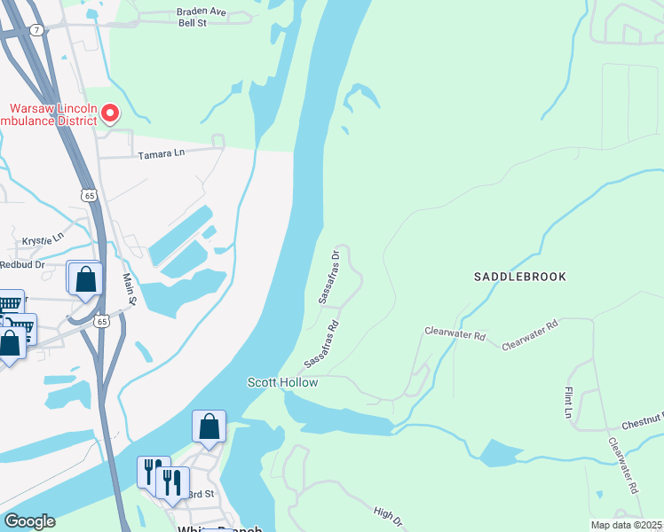 map of restaurants, bars, coffee shops, grocery stores, and more near Sassafras Drive in Warsaw