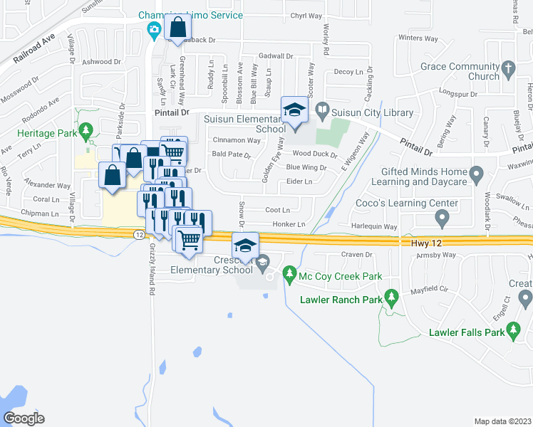 map of restaurants, bars, coffee shops, grocery stores, and more near 413 Coot Lane in Suisun City
