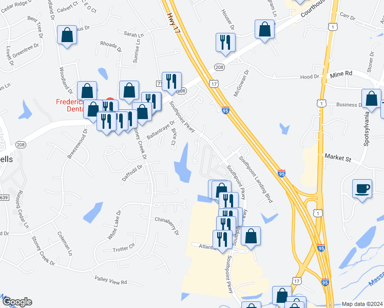 map of restaurants, bars, coffee shops, grocery stores, and more near 10630 Wakeman Drive in Fredericksburg