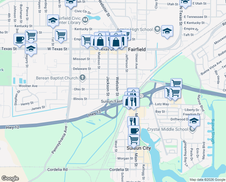 map of restaurants, bars, coffee shops, grocery stores, and more near 216 Jackson Street in Fairfield