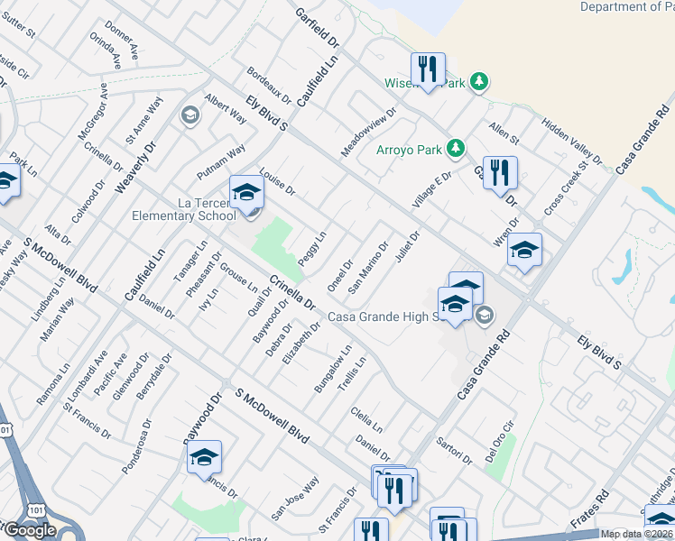 map of restaurants, bars, coffee shops, grocery stores, and more near 1607 Oneel Drive in Petaluma