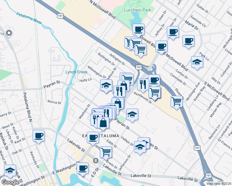 map of restaurants, bars, coffee shops, grocery stores, and more near 13 Alma Court in Petaluma