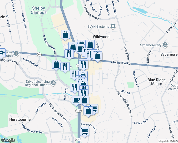 map of restaurants, bars, coffee shops, grocery stores, and more near 9815 Vieux Carre Drive in Louisville