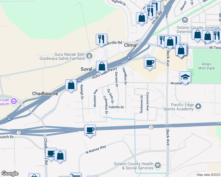 map of restaurants, bars, coffee shops, grocery stores, and more near 272 De Soto Drive in Fairfield