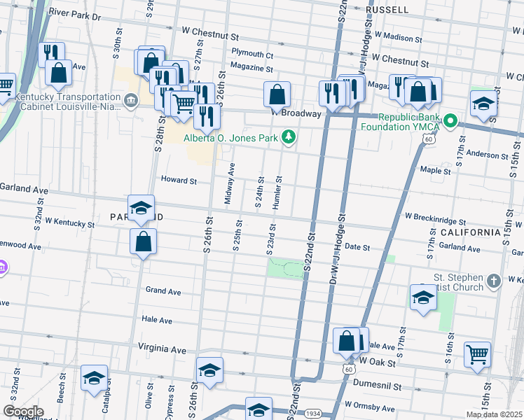 map of restaurants, bars, coffee shops, grocery stores, and more near 2316 Garland Avenue in Louisville
