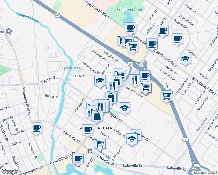 map of restaurants, bars, coffee shops, grocery stores, and more near 13 Alma Court in Petaluma
