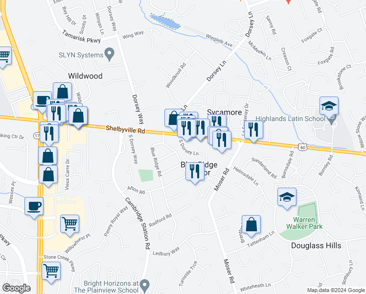 map of restaurants, bars, coffee shops, grocery stores, and more near 342 South Dorsey Lane in Louisville