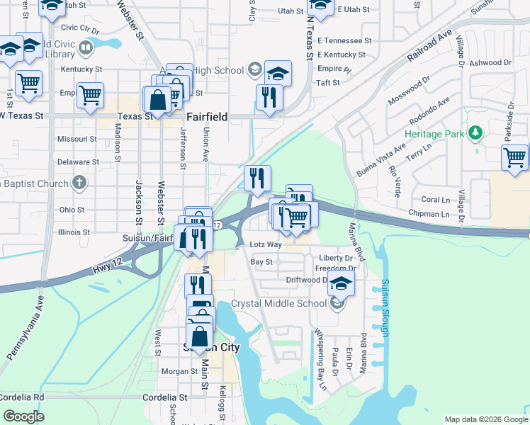 map of restaurants, bars, coffee shops, grocery stores, and more near 8 Deck Drive in Suisun City