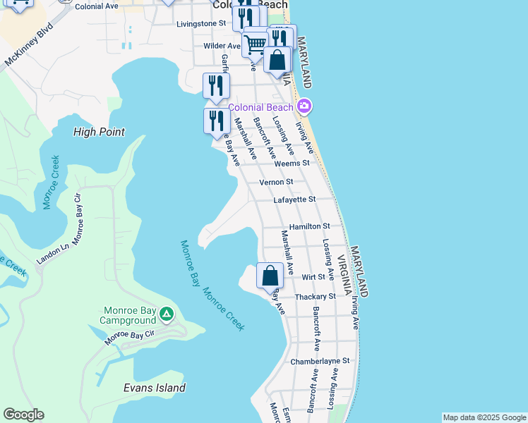 map of restaurants, bars, coffee shops, grocery stores, and more near 512 Monroe Bay Avenue in Colonial Beach