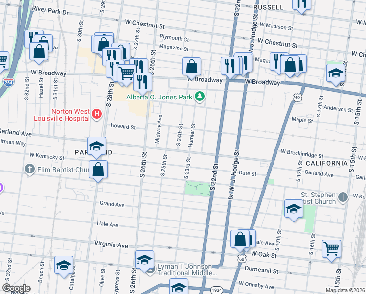 map of restaurants, bars, coffee shops, grocery stores, and more near 2316 Garland Avenue in Louisville