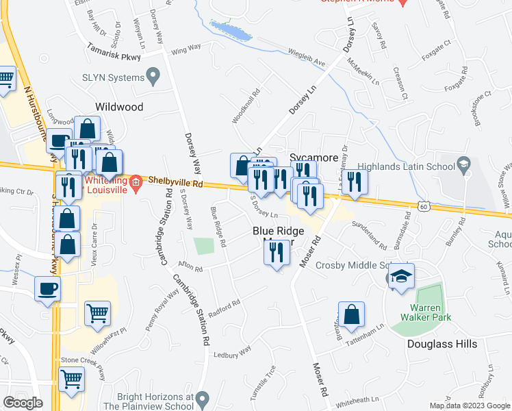 map of restaurants, bars, coffee shops, grocery stores, and more near 346 South Dorsey Lane in Louisville