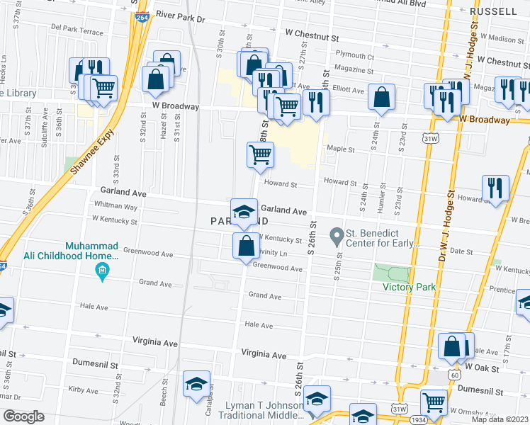 map of restaurants, bars, coffee shops, grocery stores, and more near 2724 Garland Avenue in Louisville