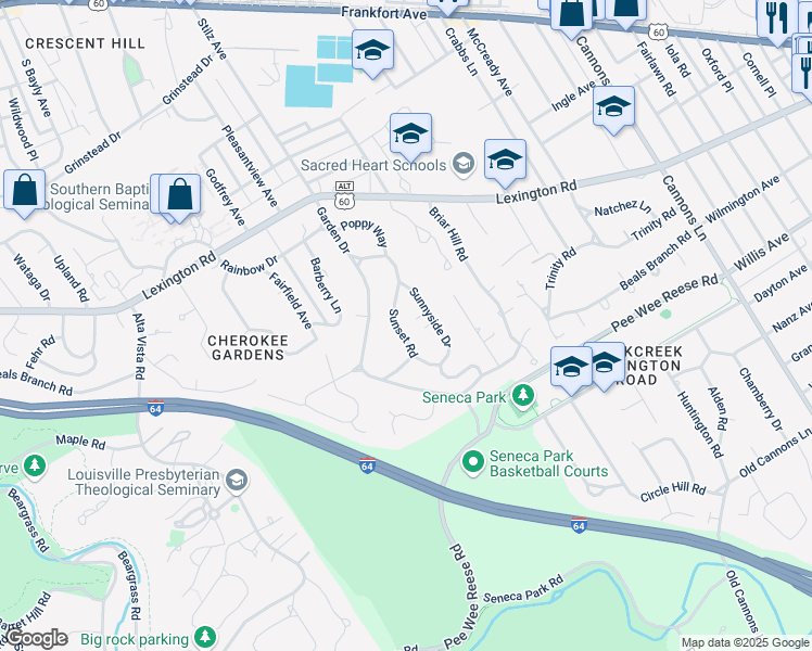 map of restaurants, bars, coffee shops, grocery stores, and more near 571 Sunset Road in Louisville