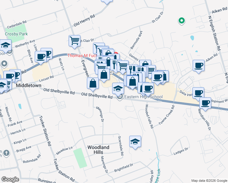 map of restaurants, bars, coffee shops, grocery stores, and more near 102 Middletown Square in Middletown