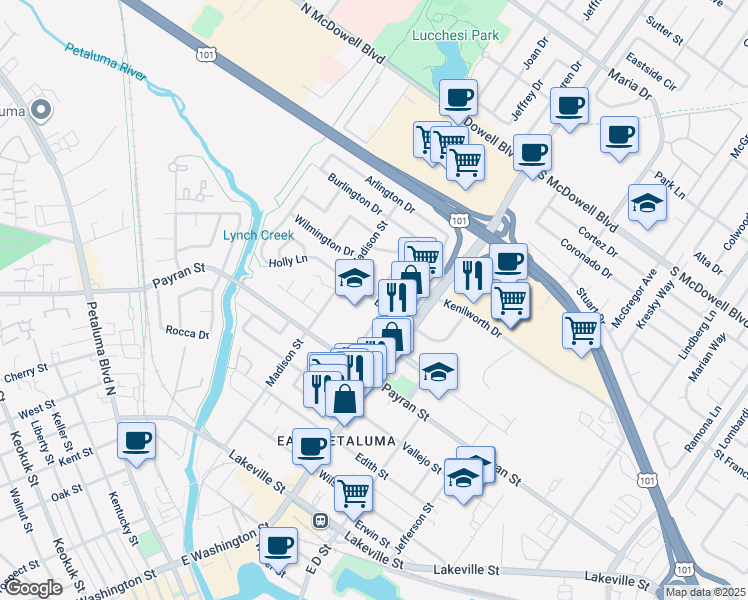 map of restaurants, bars, coffee shops, grocery stores, and more near 110 Ellis Street in Petaluma
