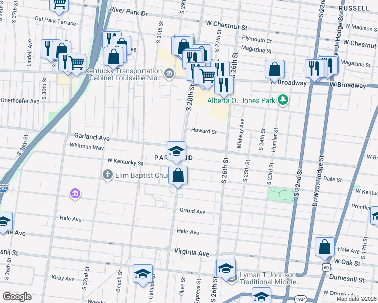 map of restaurants, bars, coffee shops, grocery stores, and more near 2725 West Kentucky Street in Louisville