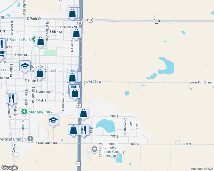 map of restaurants, bars, coffee shops, grocery stores, and more near 289 East 750 South in Fort Branch