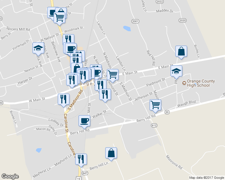 map of restaurants, bars, coffee shops, grocery stores, and more near 144 South Almond Street in Orange
