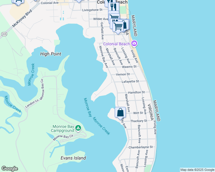 map of restaurants, bars, coffee shops, grocery stores, and more near 532 Lafayette Street in Colonial Beach