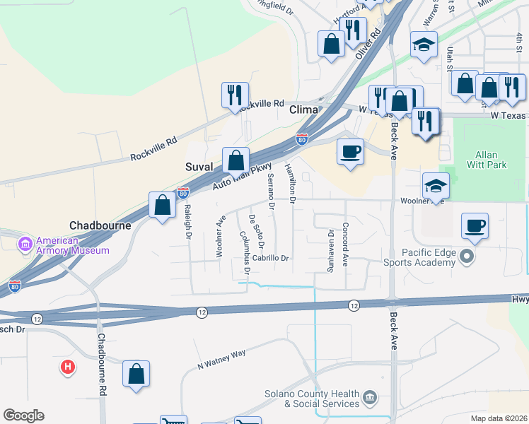 map of restaurants, bars, coffee shops, grocery stores, and more near 254 De Soto Drive in Fairfield