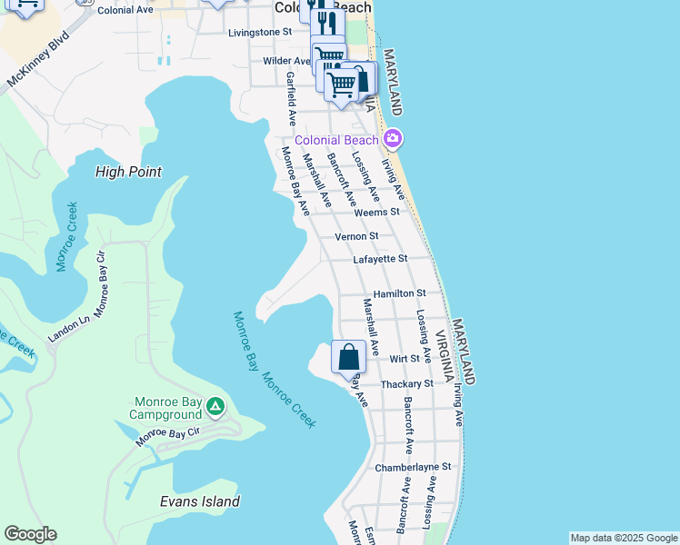 map of restaurants, bars, coffee shops, grocery stores, and more near 512 Monroe Bay Avenue in Colonial Beach