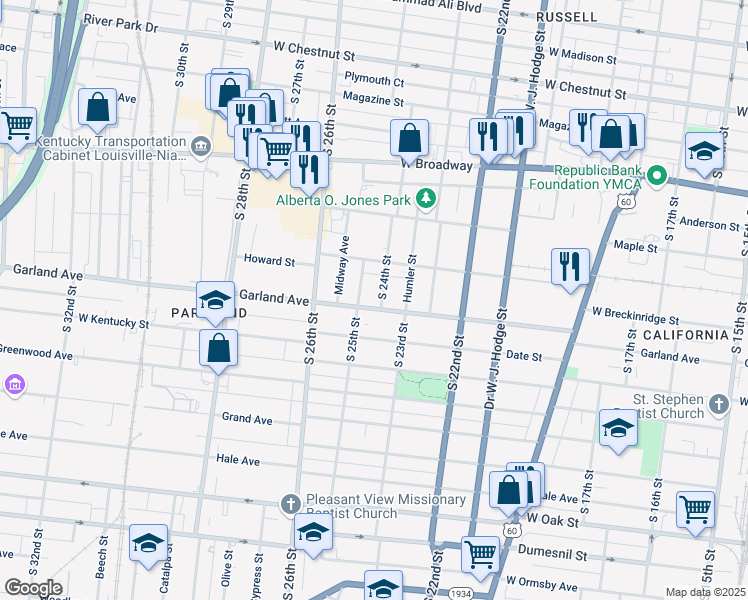 map of restaurants, bars, coffee shops, grocery stores, and more near 2316 Garland Avenue in Louisville