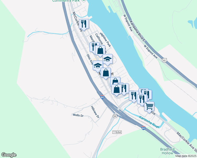 map of restaurants, bars, coffee shops, grocery stores, and more near 9513 C in Marmet
