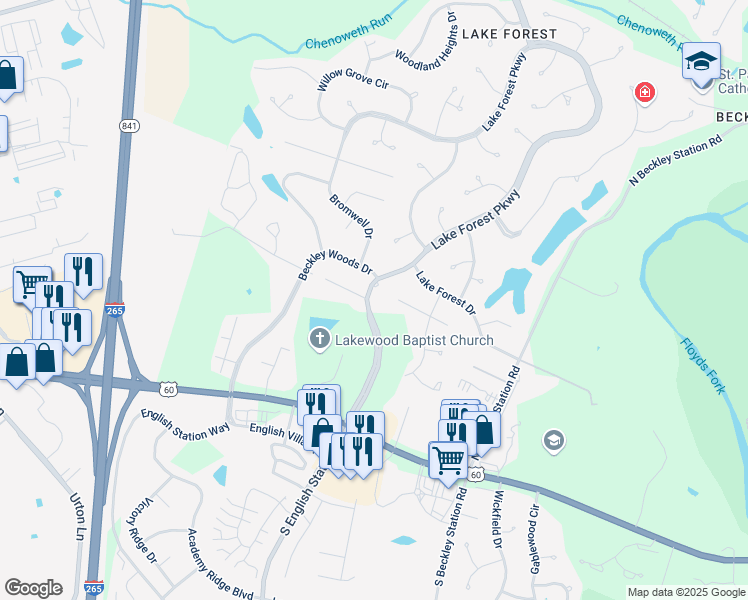 map of restaurants, bars, coffee shops, grocery stores, and more near 301 Lake Forest Parkway in Louisville