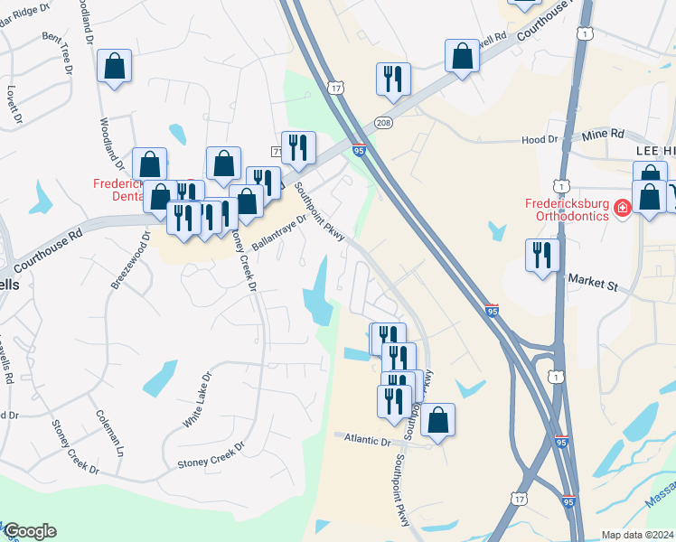 map of restaurants, bars, coffee shops, grocery stores, and more near 10638 Wakeman Drive in Fredericksburg