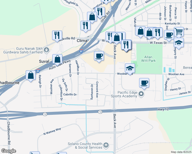 map of restaurants, bars, coffee shops, grocery stores, and more near 2119 Merlot Court in Fairfield