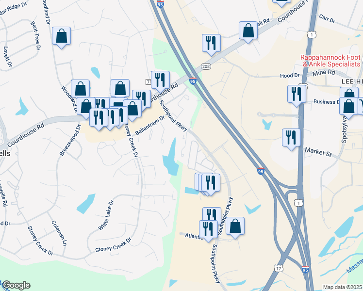 map of restaurants, bars, coffee shops, grocery stores, and more near 10638 Wakeman Drive in Fredericksburg
