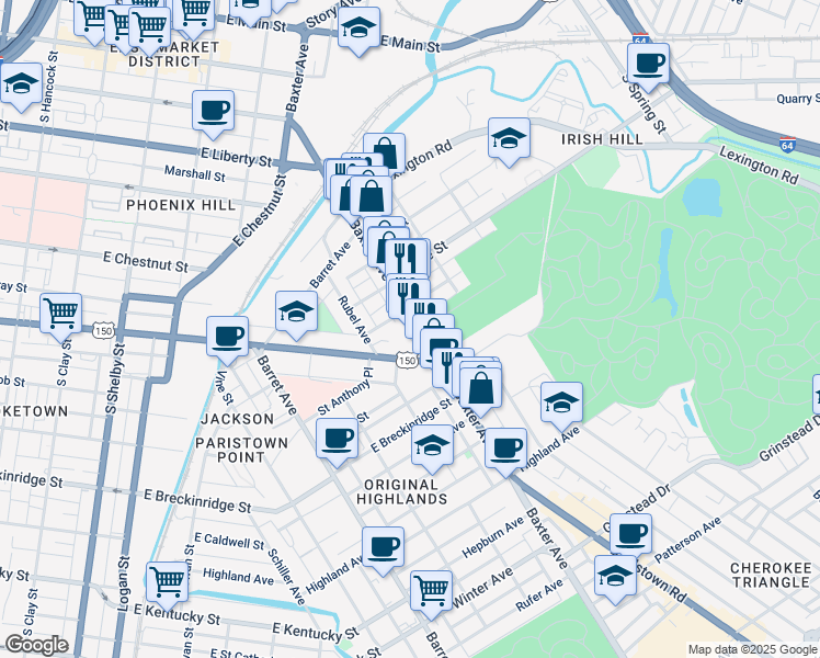 map of restaurants, bars, coffee shops, grocery stores, and more near 1102 Rogers Street in Louisville