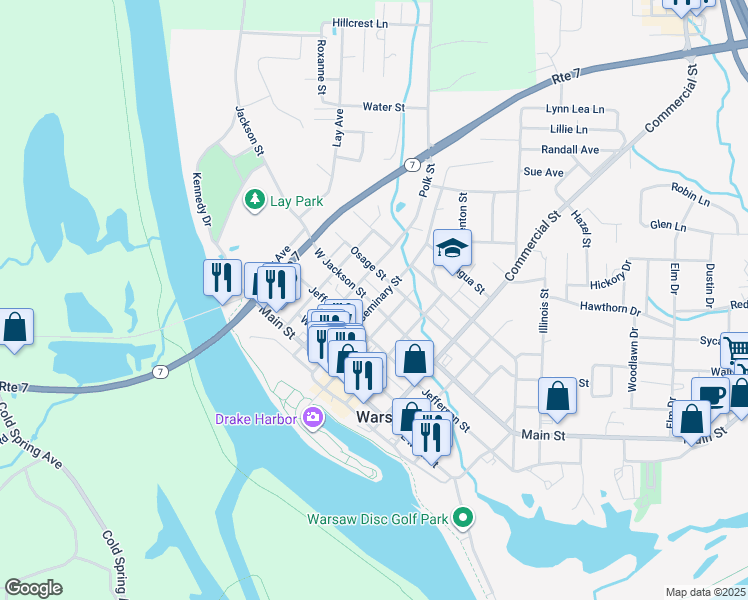map of restaurants, bars, coffee shops, grocery stores, and more near 618 Polk Street in Warsaw