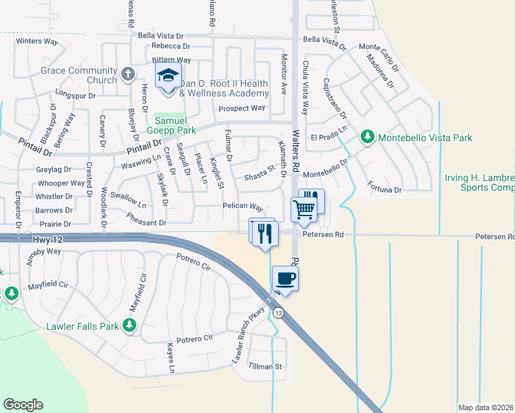 map of restaurants, bars, coffee shops, grocery stores, and more near 1409 Pelican Way in Suisun City