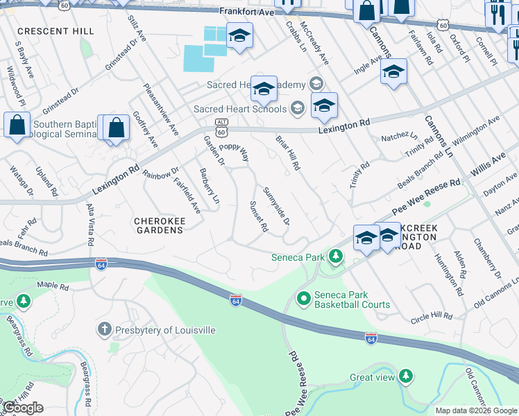 map of restaurants, bars, coffee shops, grocery stores, and more near 535 Sunset Road in Louisville