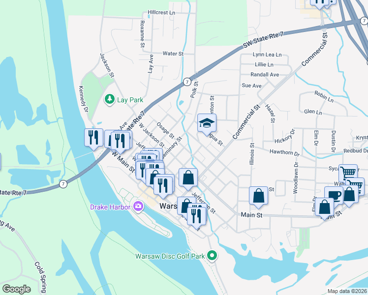 map of restaurants, bars, coffee shops, grocery stores, and more near Osage Street in Warsaw