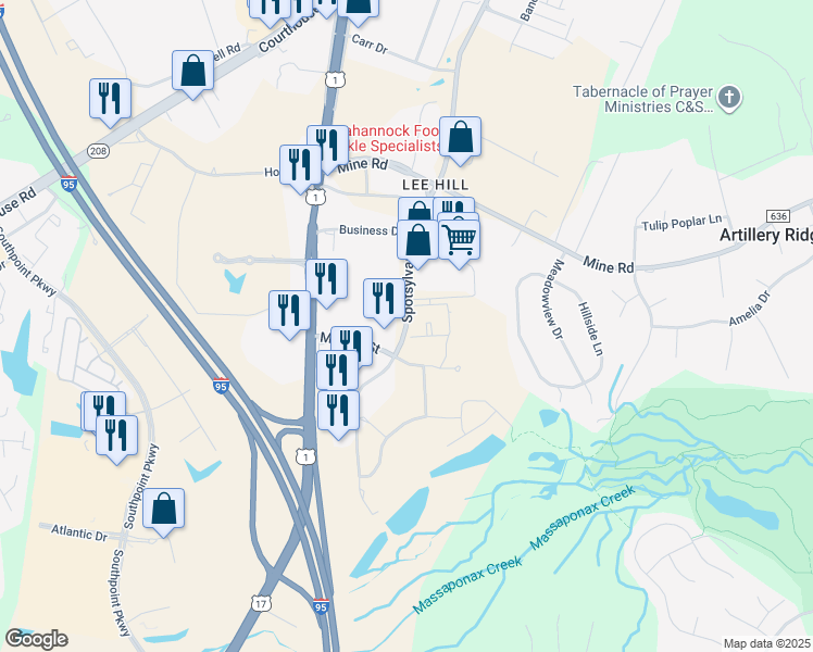 map of restaurants, bars, coffee shops, grocery stores, and more near 10465 Spotsylvania Avenue in Fredericksburg