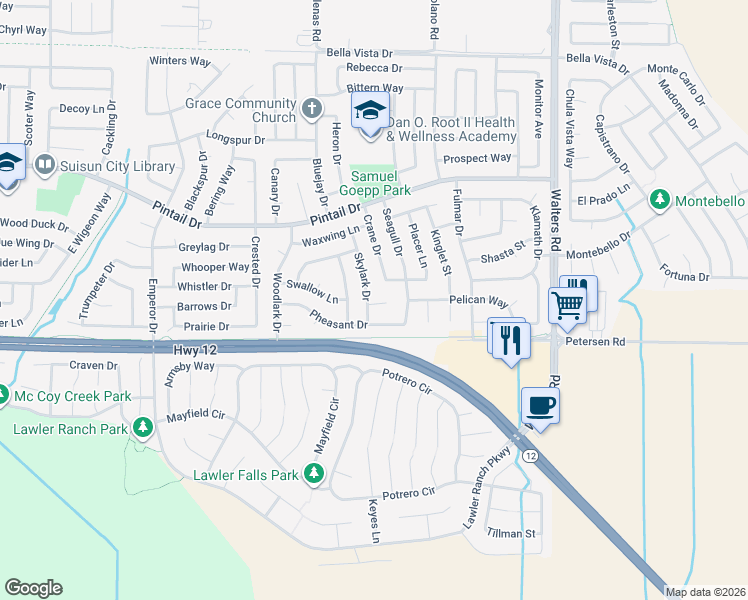 map of restaurants, bars, coffee shops, grocery stores, and more near 604 Skylark Drive in Suisun City