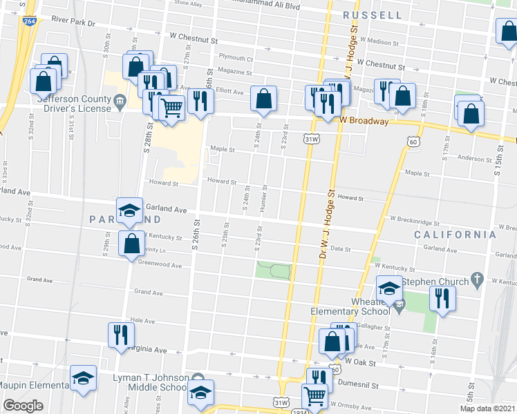 map of restaurants, bars, coffee shops, grocery stores, and more near 862 Humler Street in Louisville
