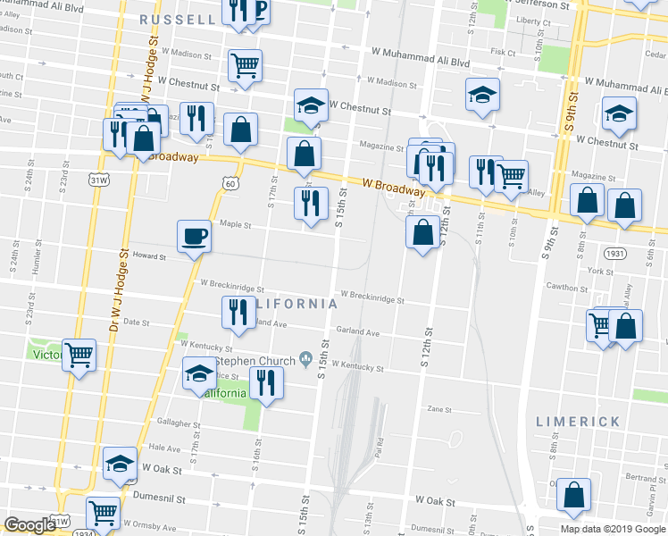 map of restaurants, bars, coffee shops, grocery stores, and more near 828 S 15th St in Louisville