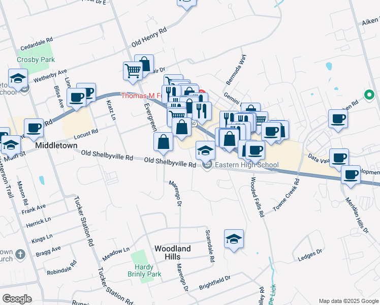 map of restaurants, bars, coffee shops, grocery stores, and more near 230 Middletown Square in Louisville
