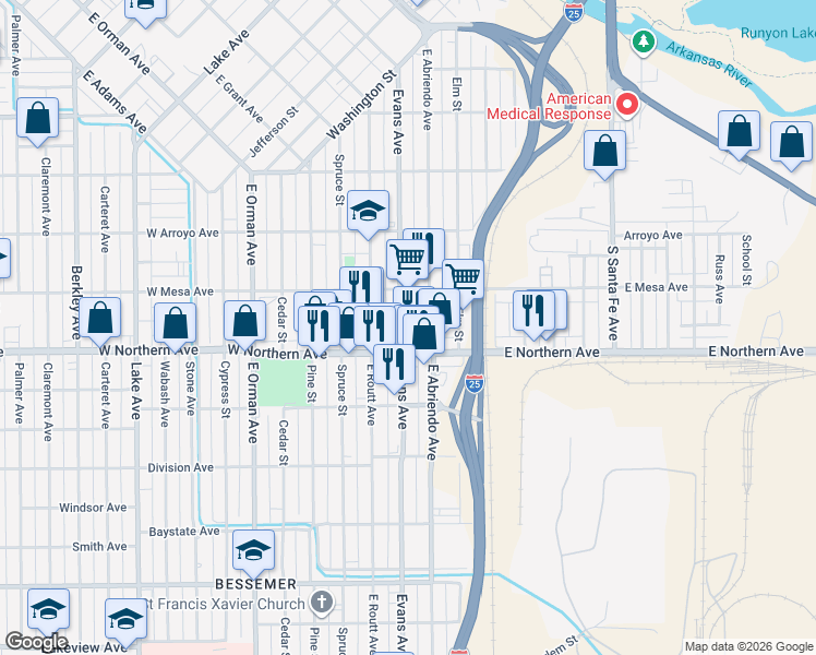 map of restaurants, bars, coffee shops, grocery stores, and more near 1214 East Evans Avenue in Pueblo