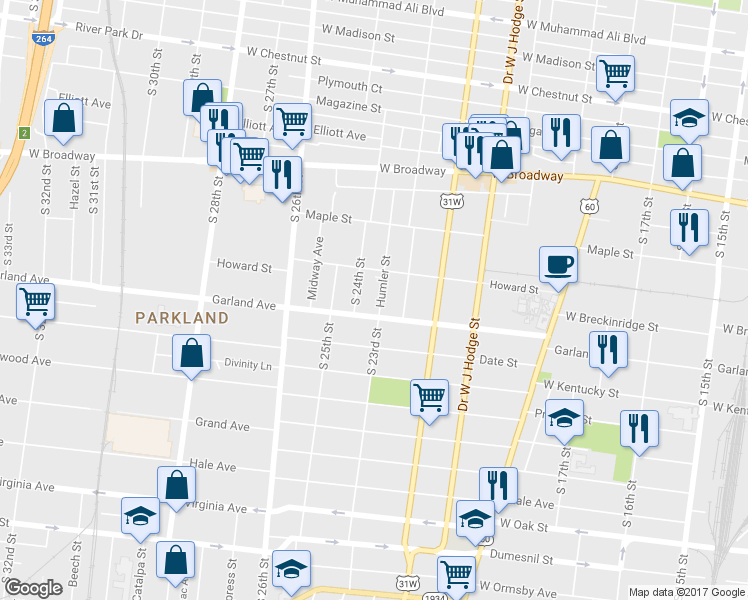 map of restaurants, bars, coffee shops, grocery stores, and more near 2312 Howard Street in Louisville